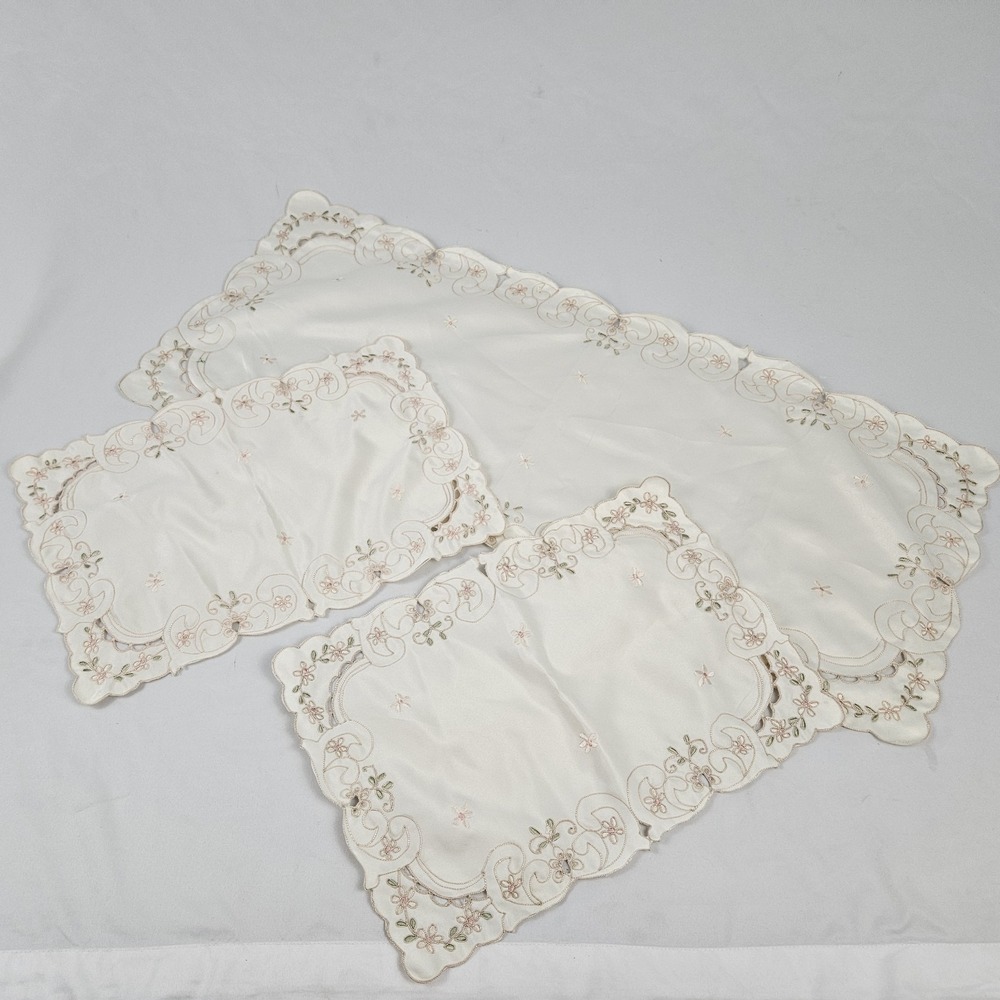 Vintage Satin Embroidered Table Linens Runner + 2 Placemats French Country